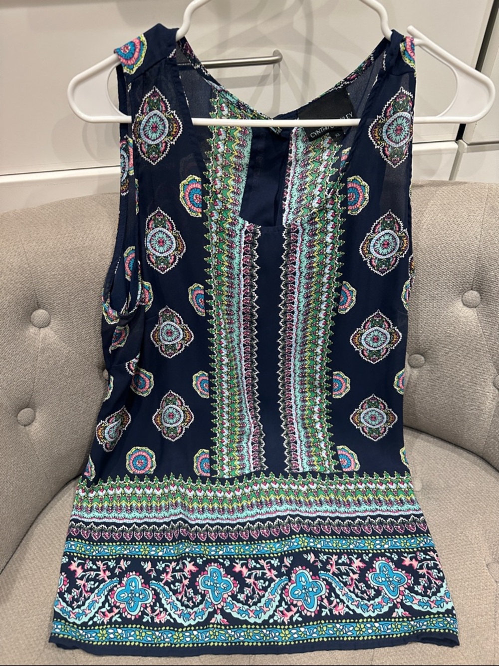 Cynthia Rowley Navy Printed Sleeveless Top with Teal and Pink Accents